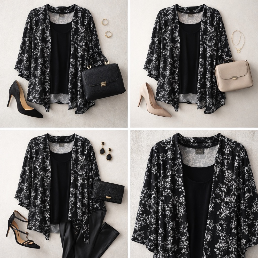 Vamp Black and‎ White Floral Women's Top with attached cardigan XL